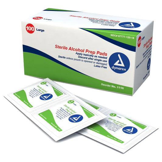Dynarex 1116 alcohol prep pad, large sterile nonwoven, ideal for skin prep and wound cleaning