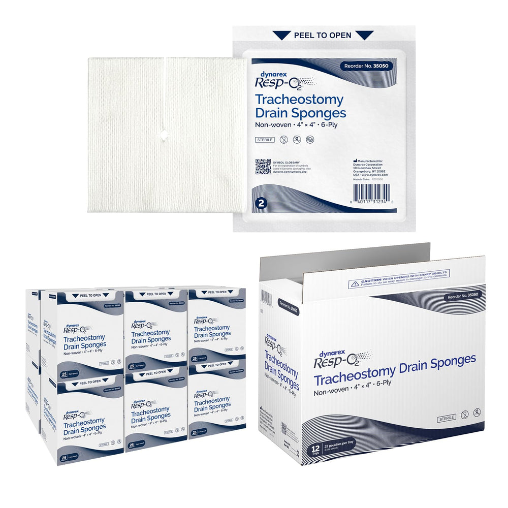 Dynarex 35050 tracheostomy drain sponge with notched 4x4 pre-cut design for quick application.