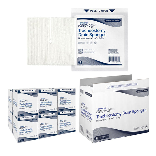 Dynarex 35050 tracheostomy drain sponge with notched 4x4 pre-cut design for quick application.
