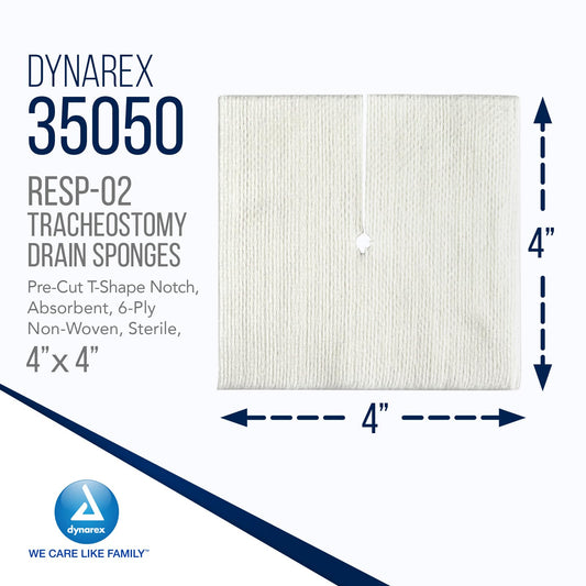 Dynarex 35050 6-ply sterile tracheostomy drain sponge shows thick, absorbent surface.