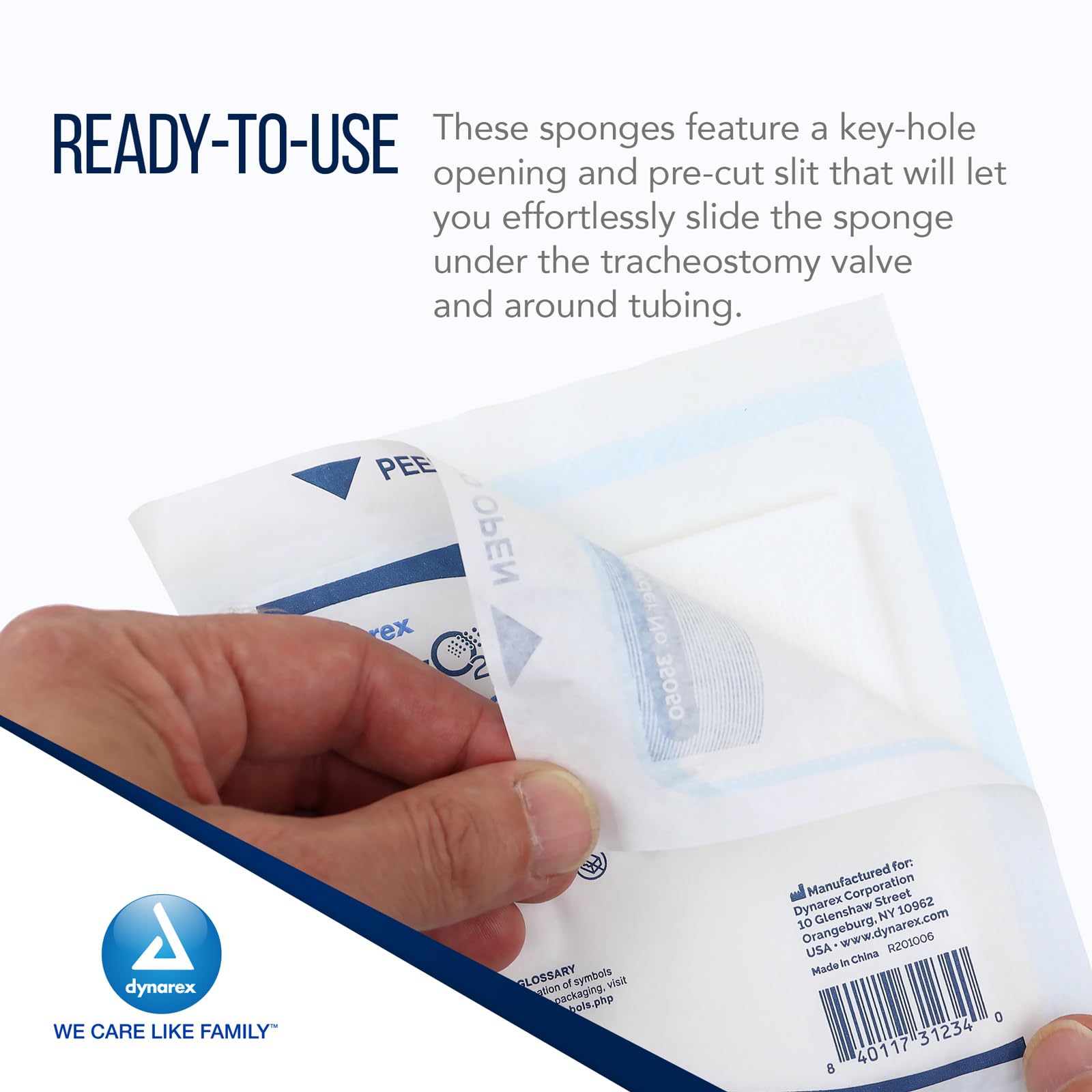 Open-tray packaging by Dynarex facilitates fast retrieval of sponges.