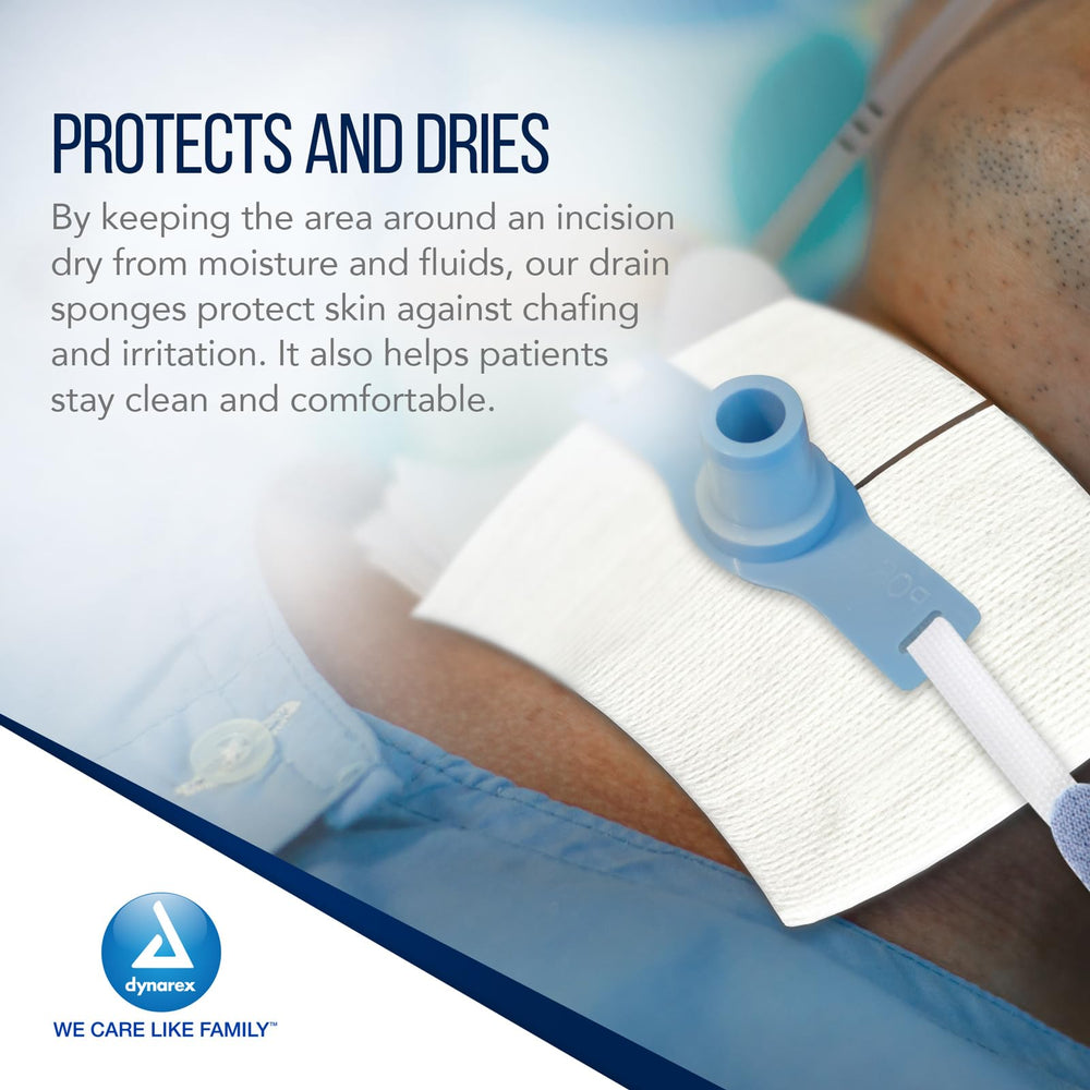 Peel-down pouches keep Dynarex drain sponges sanitary and easy to access.