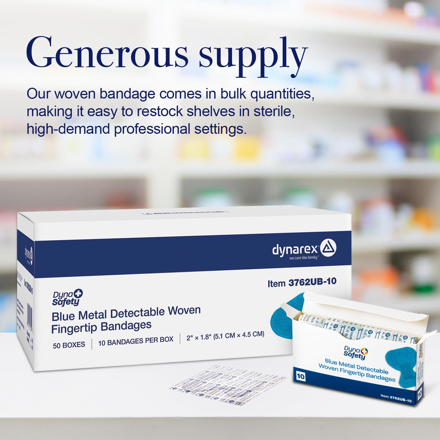 Dynarex blue fingertip bandage emphasizing visibility for quick checks.
