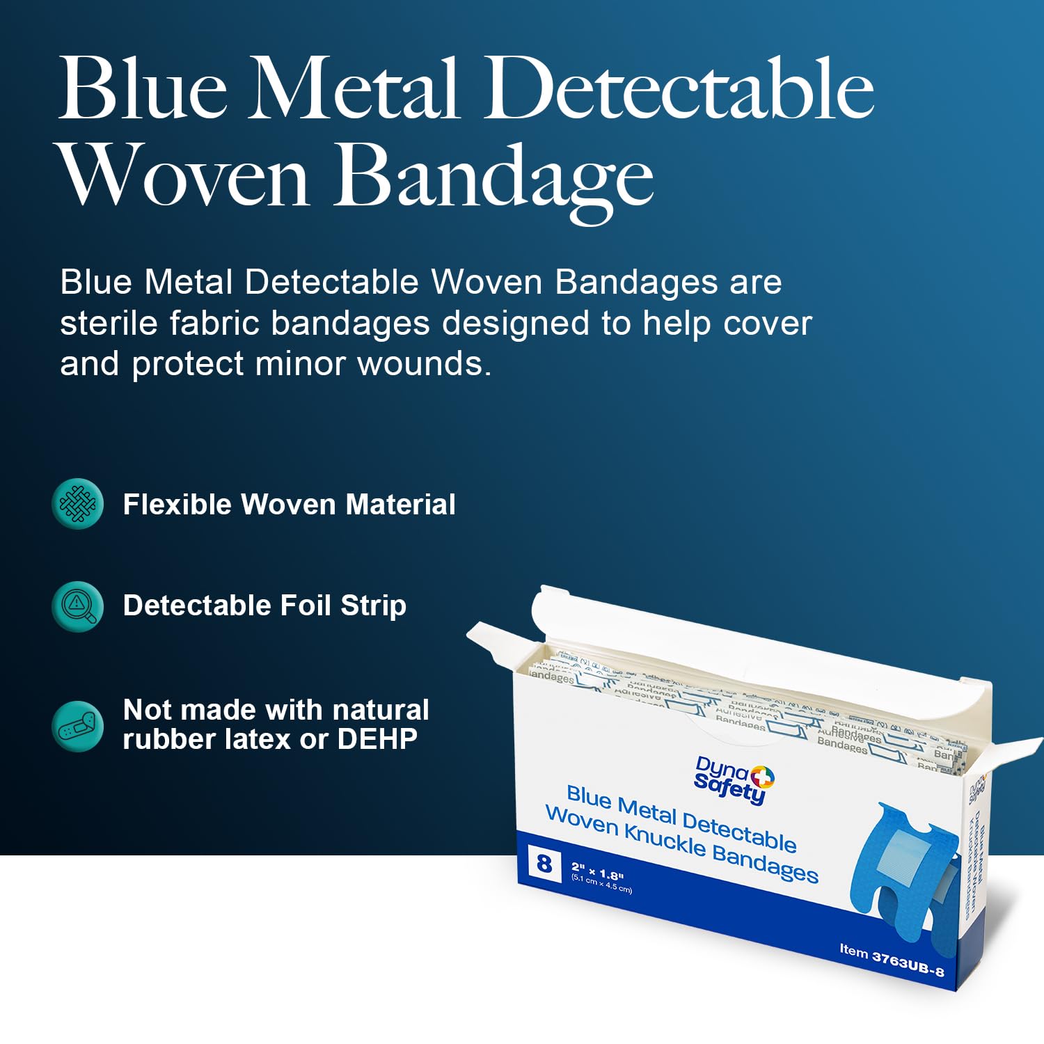 Dynarex blue bandages with internal foil strip ensure quick visibility and safety compliance