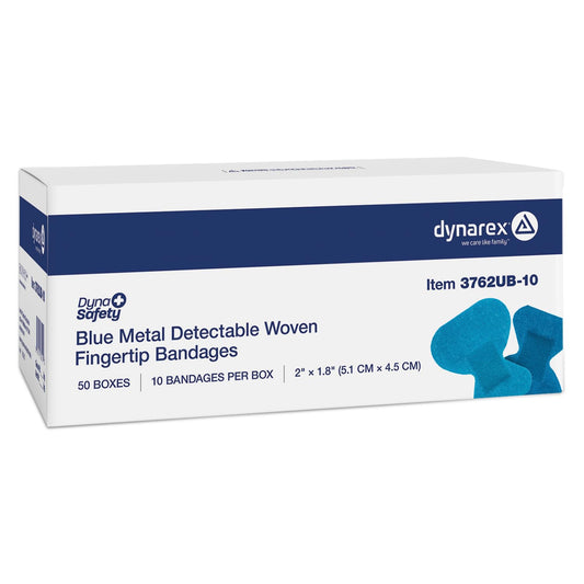 Dynarex blue metal-detectable fingertip bandages with foil strip for easy detection in food prep