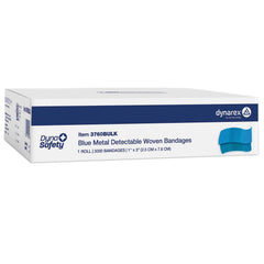 Dynarex blue metal-detectable bandages with foil strip for easy detection in controlled environments.