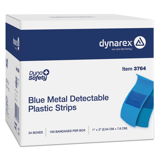 Dynarex blue metal-detectable bandages with foil strip for easy detection.