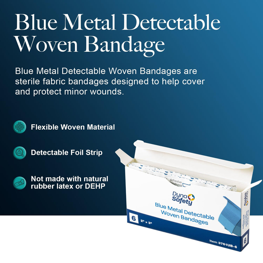 Dynarex blue metal-detectable bandages pack side view, compact and ready