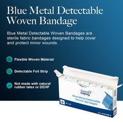 Dynarex blue metal-detectable bandages pack side view, compact and ready