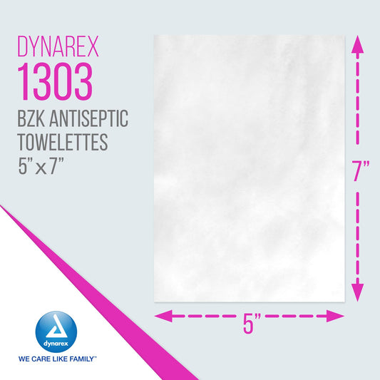 Dynarex BZK antiseptic towelettes close-up showing 5x7 inch size for quick cleansing.