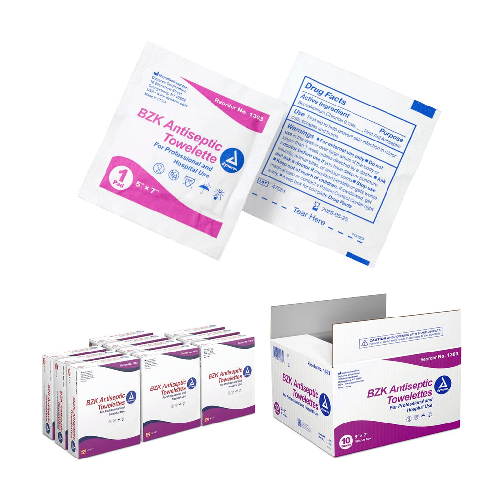 Dynarex BZK antiseptic towelettes packaging image highlighting portable on-the-go protection.