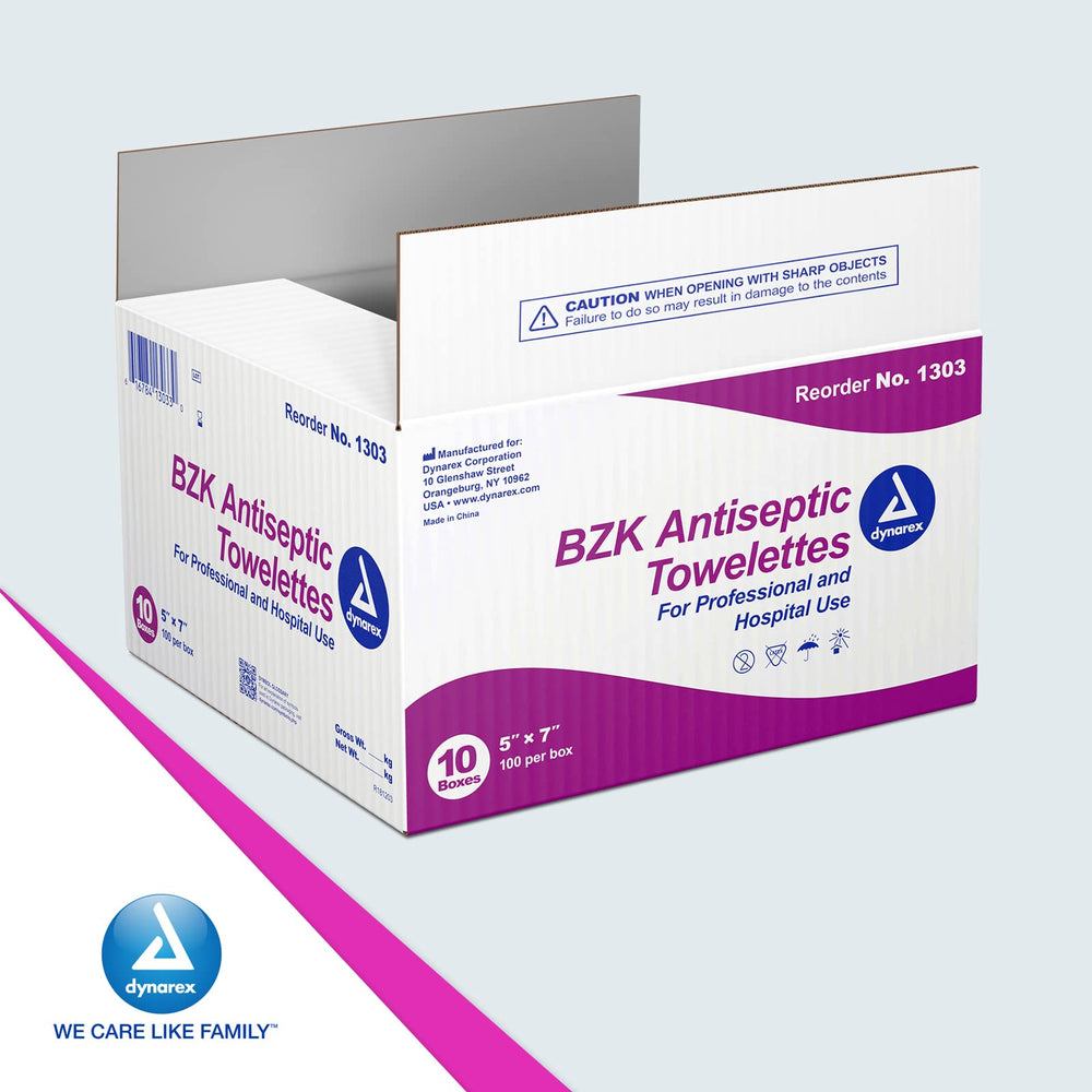 Fast-drying Dynarex BZK antiseptic towelettes leaving skin smooth after use.