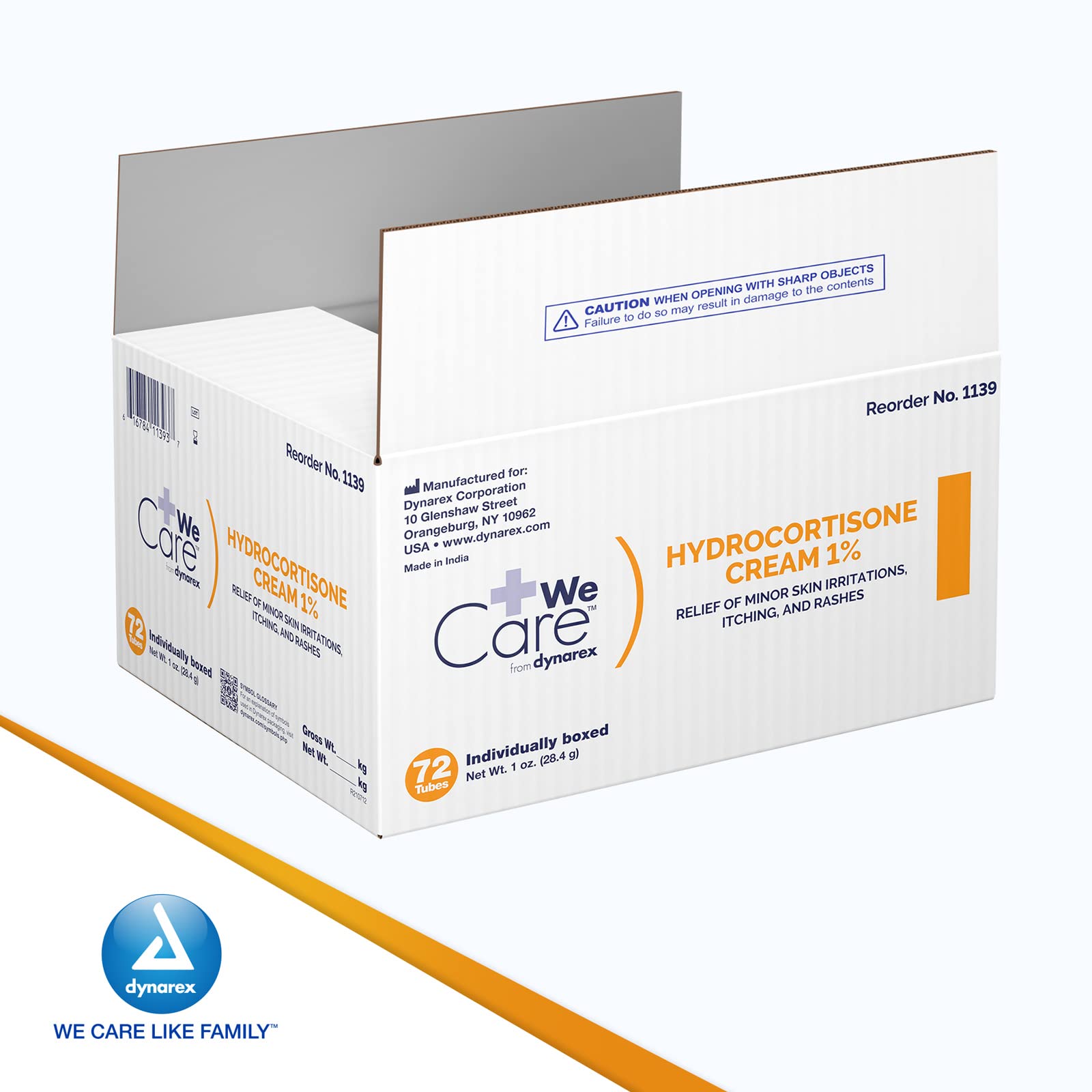 Dynarex Hydrocortisone Cream tube with smooth, gentle-textured application.