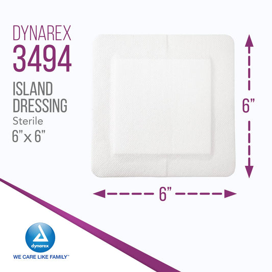 Dynarex Island Dressings with adhesive border for secure placement.