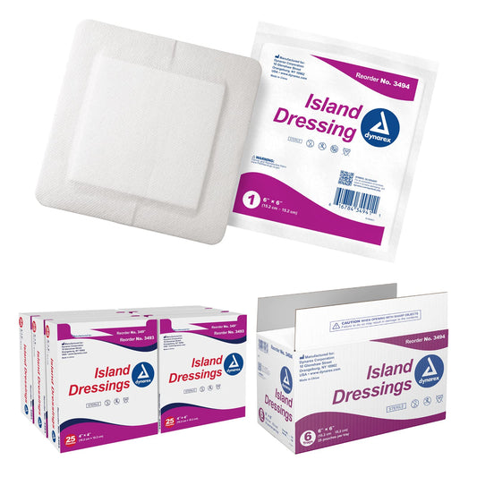 Dynarex Island Dressings pad close-up showing sterile, absorbent wound protection.