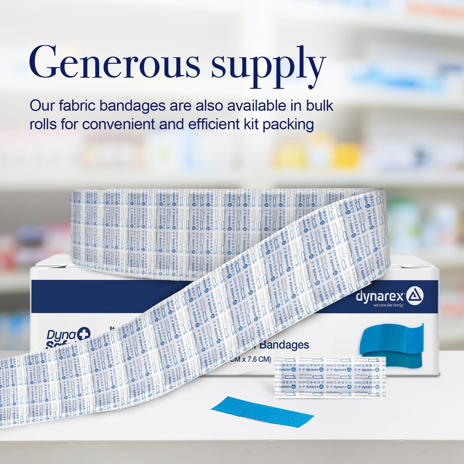 Metal-detectable Dynarex bandages suited for pharma and food settings with clear visibility.