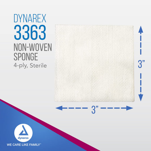 Dynarex non-woven sponges closeup: 4-ply absorbent texture supports gentle wound cleansing.