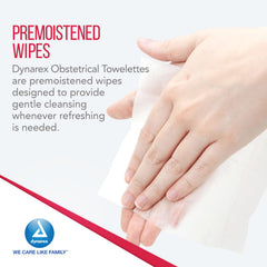 Dynarex obstetrical towelettes pack opening shot highlighting single-use convenience.