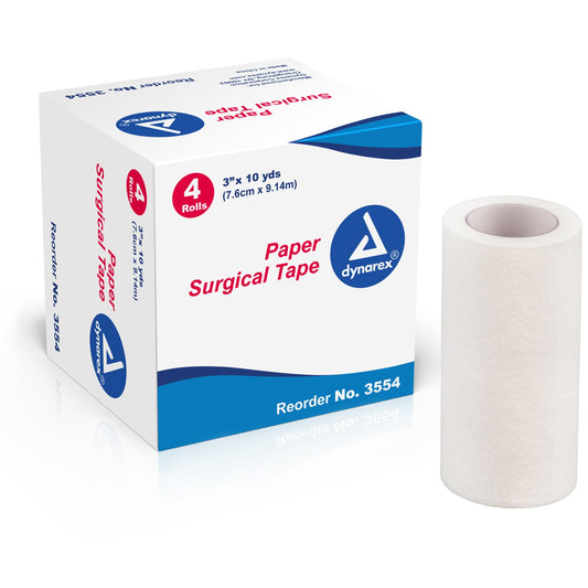 Dynarex paper surgical tape roll with easy-tear design for secure, breathable dressings.