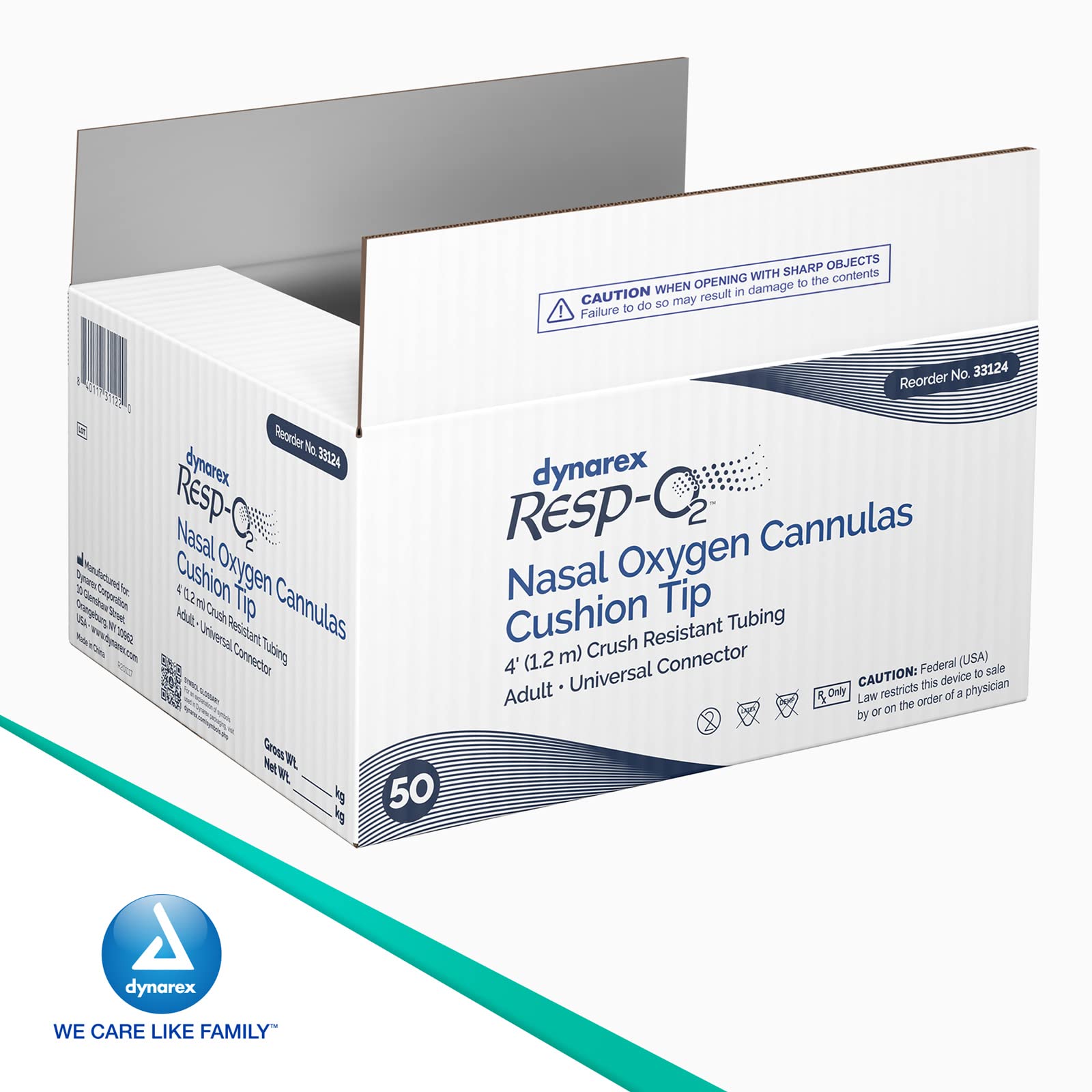 Dynarex Resp-O2 nasal cannula adult size fits standard oxygen therapy needs.