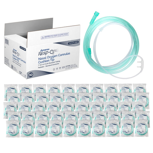 Dynarex Resp-O2 nasal cannula with cushion tip for gentle, skin-friendly oxygen delivery.
