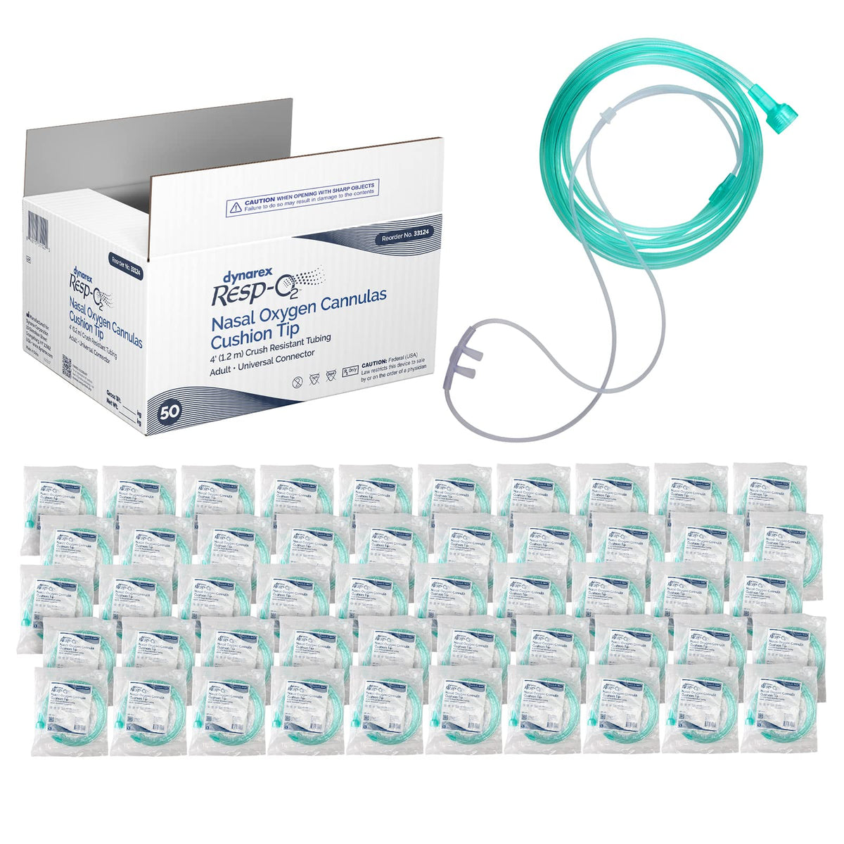 Dynarex Resp-O2 nasal cannula with cushion tip for gentle comfort and reduced facial pressure.