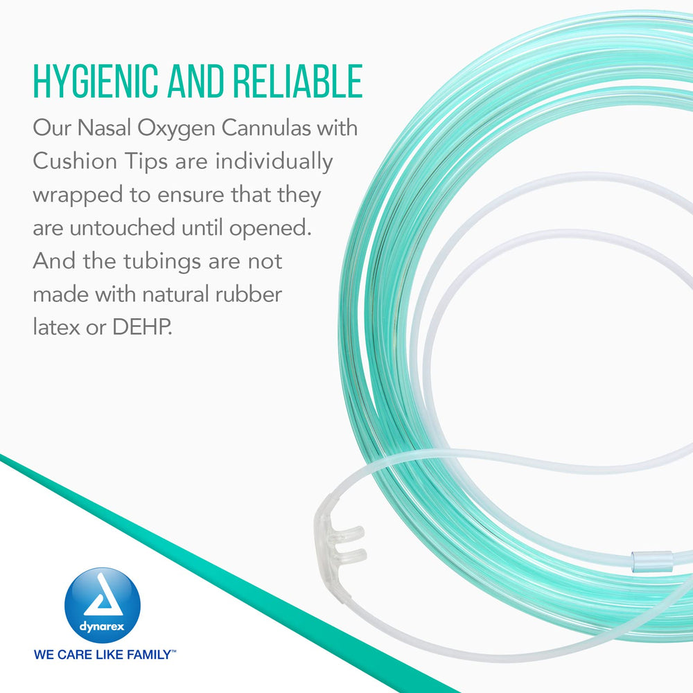 Dynarex Resp-O2 nasal cannula light-green tubing improves visibility for quick placement.