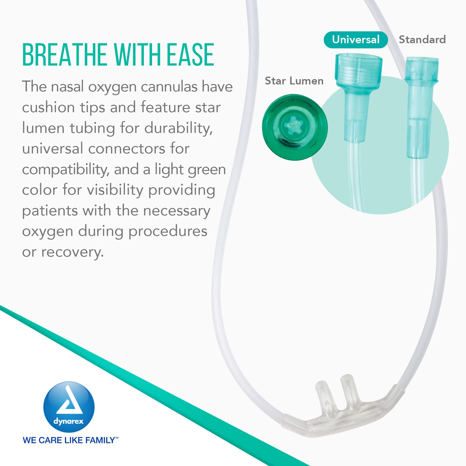 Dynarex Resp-O2 cannula star-lumen tubing resists crushing for reliable use.