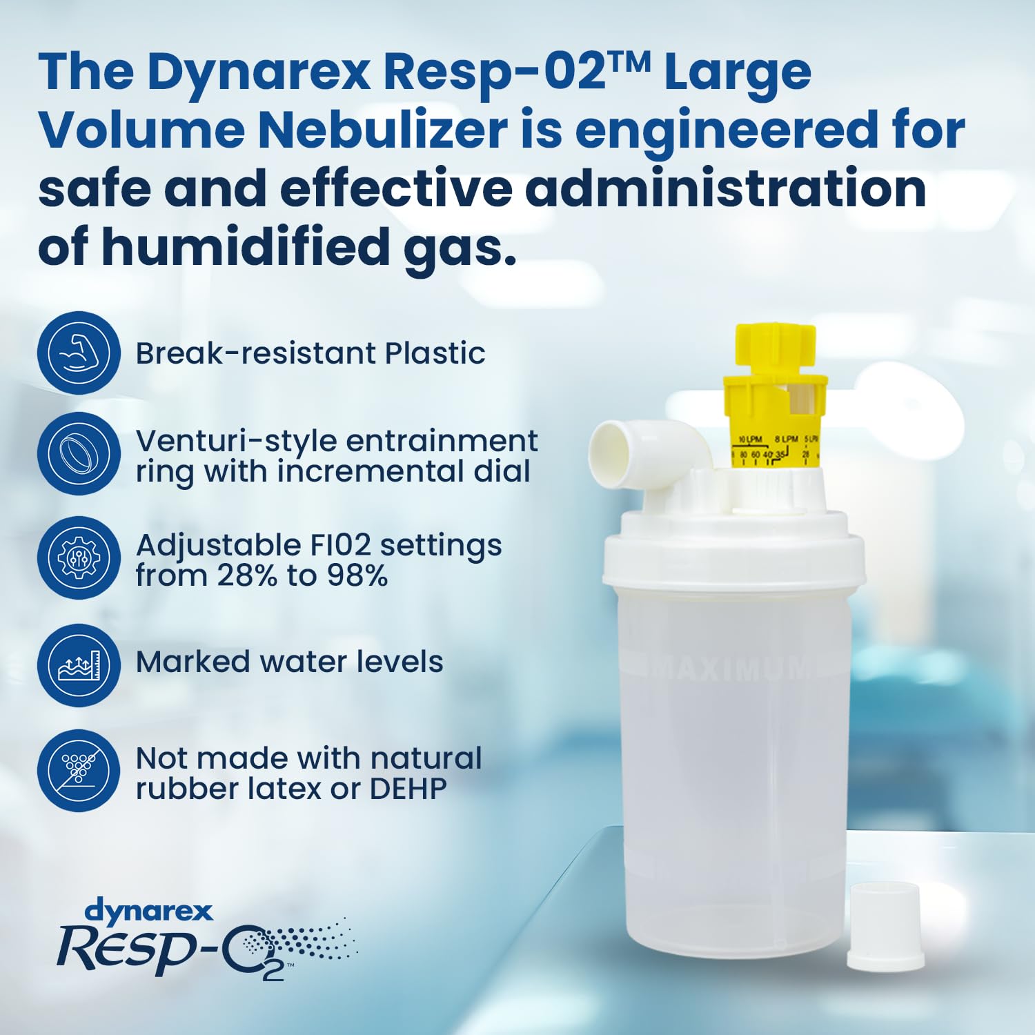 Dynarex Resp-O2 with Venturi ring allows precise adjustable oxygen concentrations.