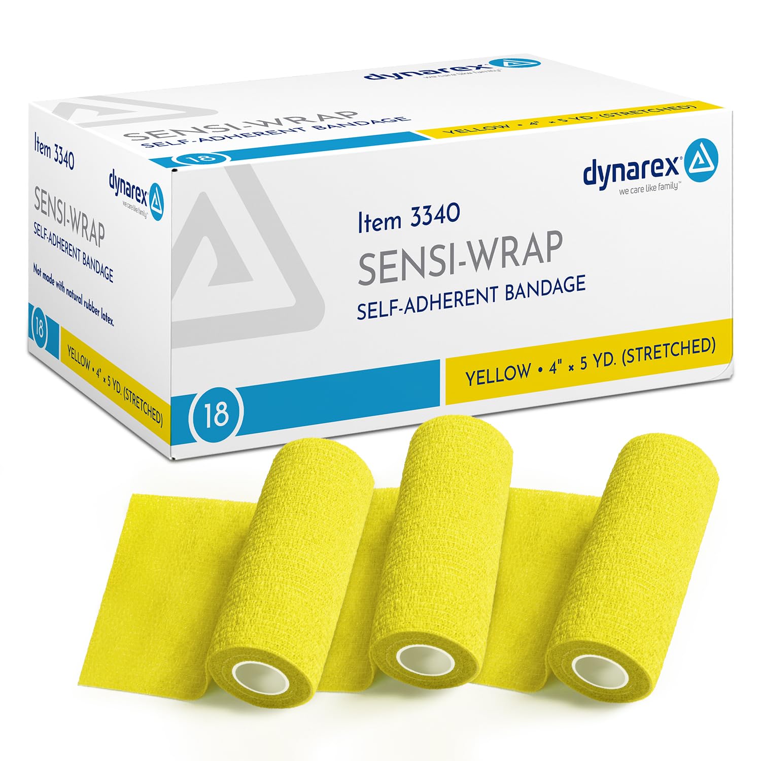 Dynarex Sensi-Wrap self-adhesive bandage in yellow provides secure wrap without clips.