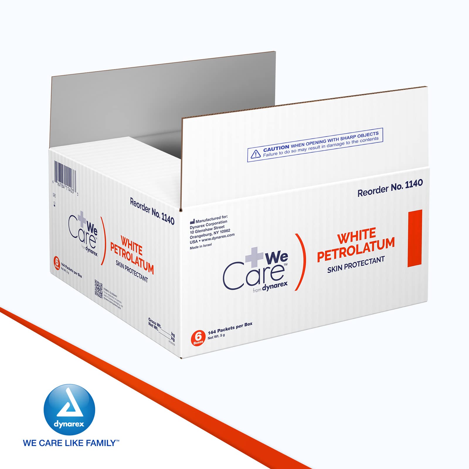 Dynarex six-box case with 144 packets per box for easy restocking.