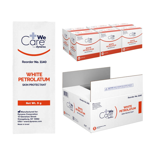 Dynarex White Petrolatum 5g foil packet for on-the-go moisturization and skin protection.