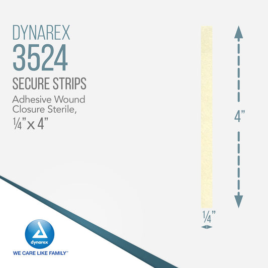 Dynarex wound closure strip on skin showing secure adhesion for a small cut.