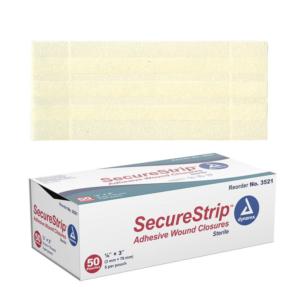 Dynarex wound closure strip illustrating secure adhesion for small cuts