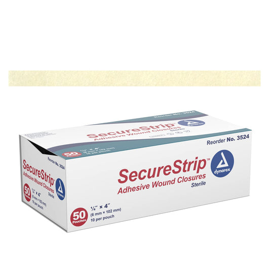Dynarex wound closure strips pack, sterile, ready for precise application.