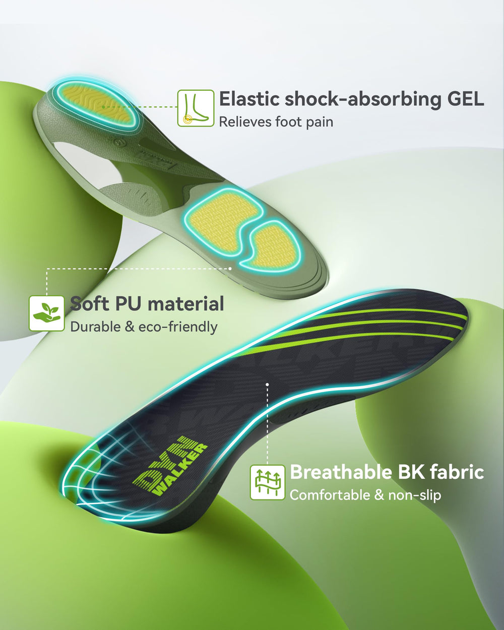 DynWalker anti-slip surface minimizes insole movement and noise.