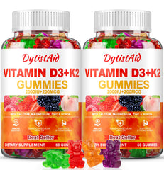 DytistAid Vitamin D3+K2 Gummies bottle front highlights vegan, sugar-free daily immune and bone support.