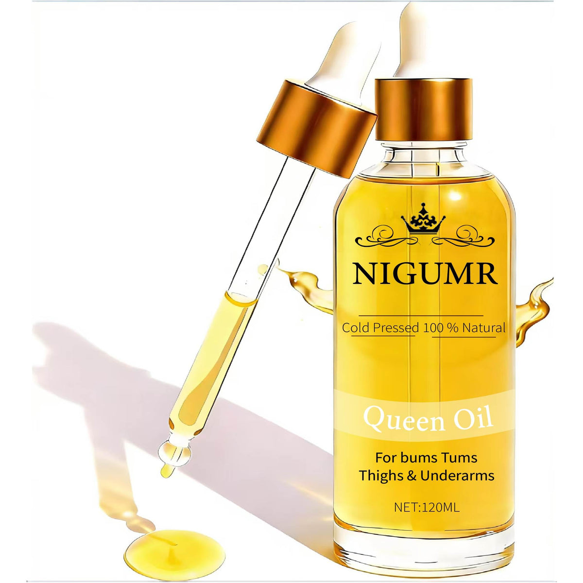 E-RA Queen Body Oil bottle closeup shows quick-absorb texture for smoother skin