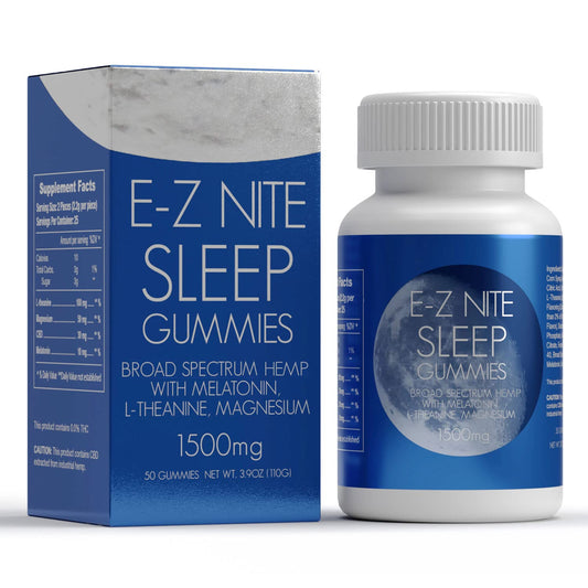 E-Z Nite sleep gummies bottle on a nightstand inviting a calm, restful evening.