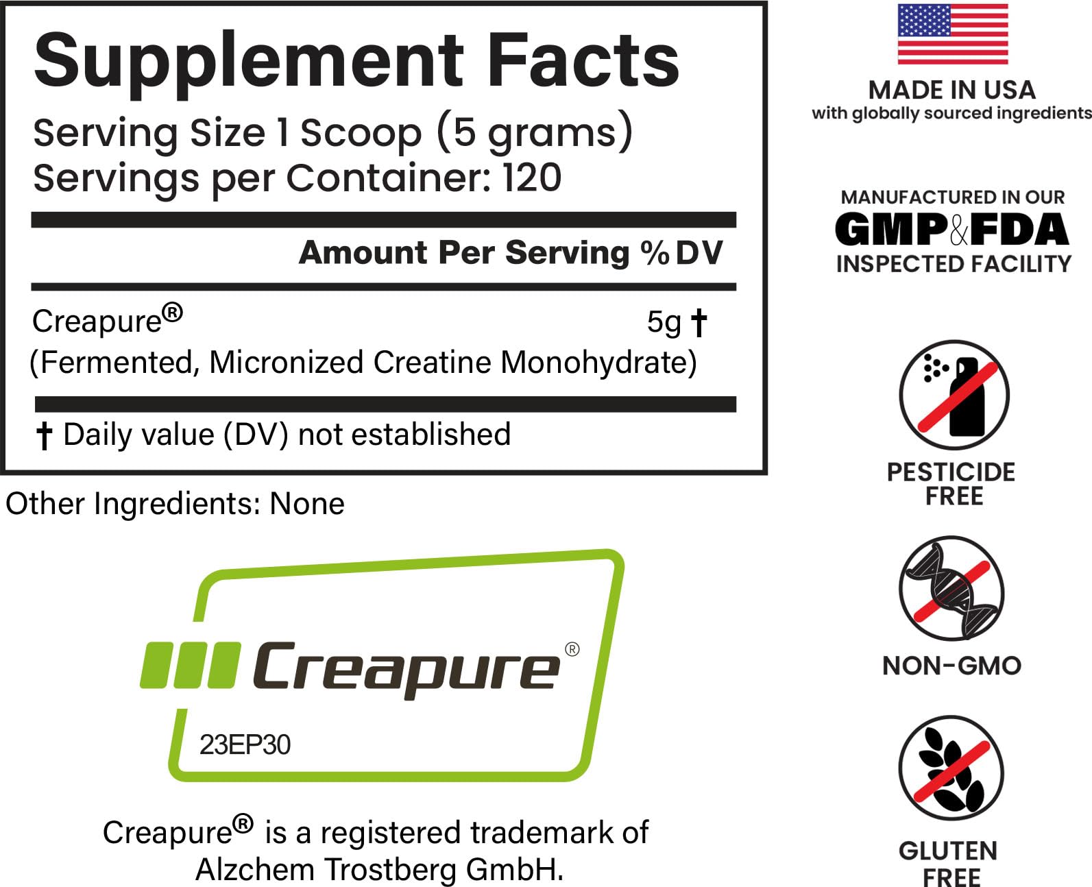 E1P Creapure Creatine Monohydrate bottle close-up with certifications