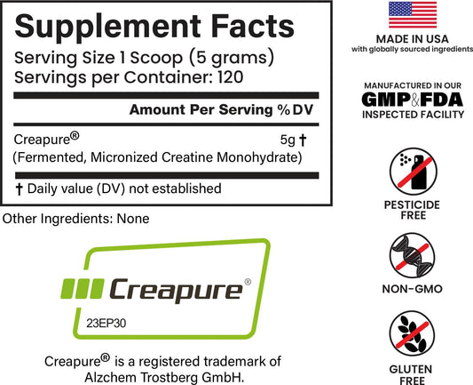 E1P Creapure Creatine Monohydrate bottle close-up with certifications