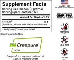 E1P Creapure Creatine Monohydrate bottle close-up with certifications