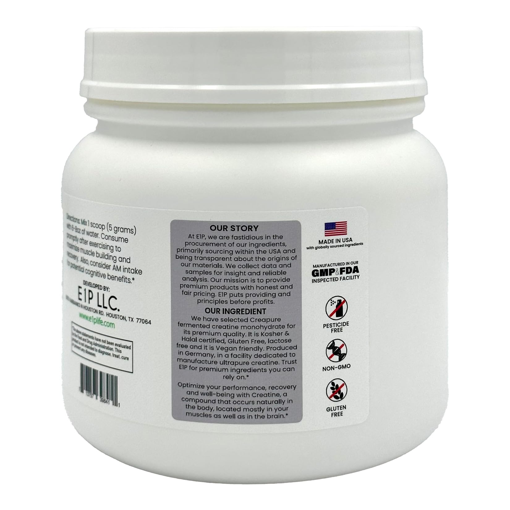 E1P Creapure Creatine Monohydrate packaging beside a workout setup