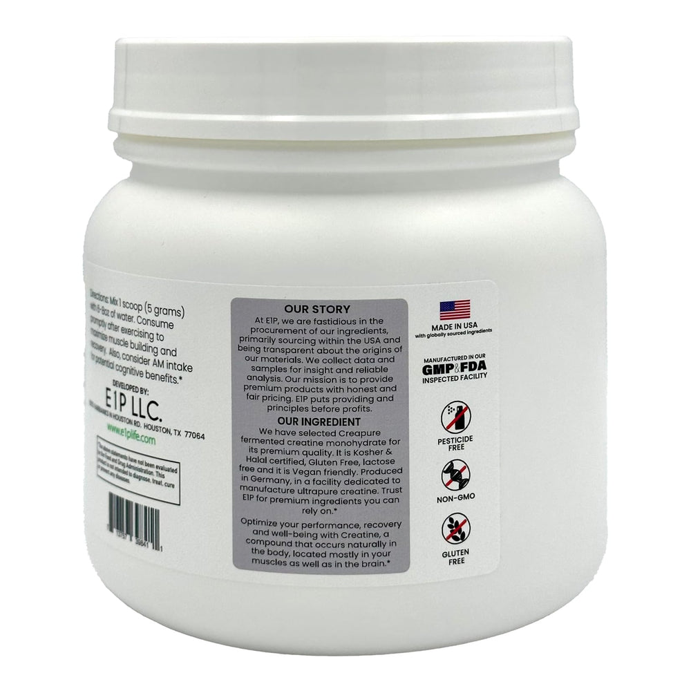 E1P Creapure Creatine Monohydrate packaging beside a workout setup
