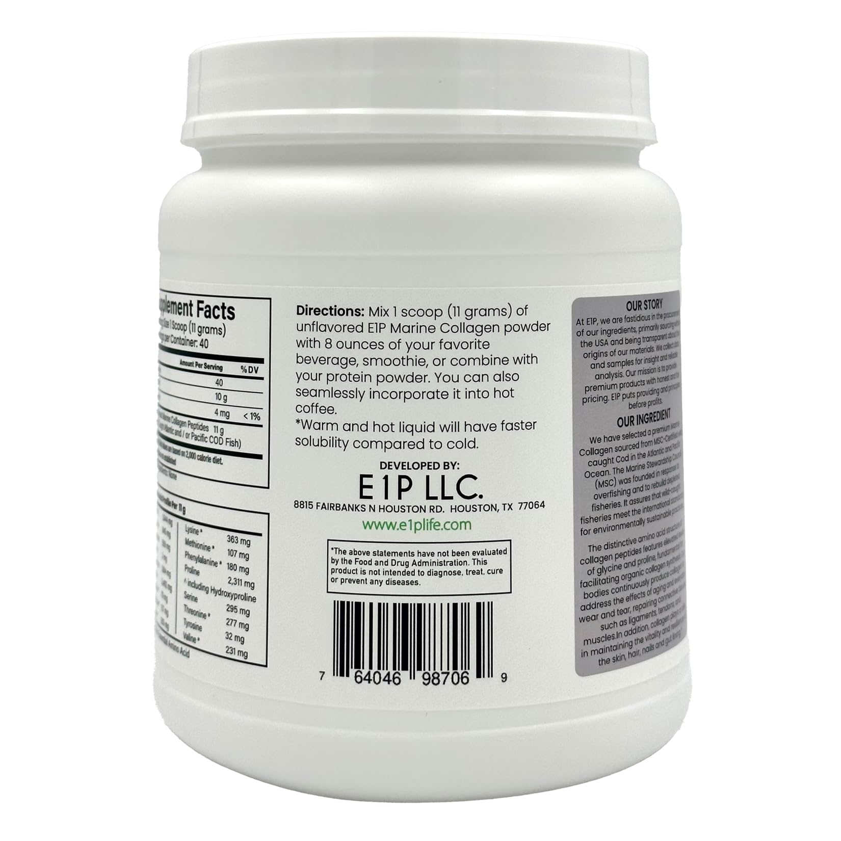 E1P marine collagen peptides box showing MSC certification label