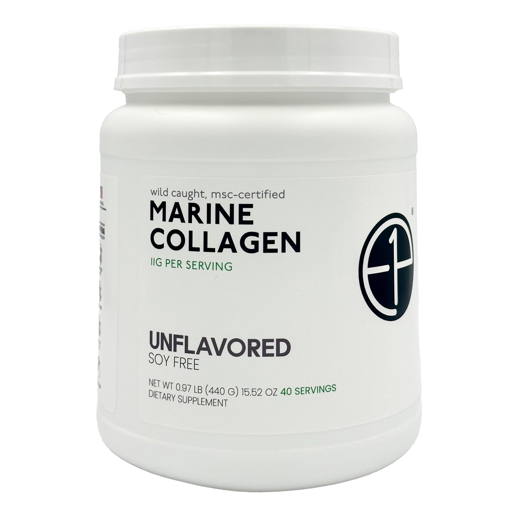E1P wild-caught marine collagen powder tub front view demonstrates a convenient daily-use option