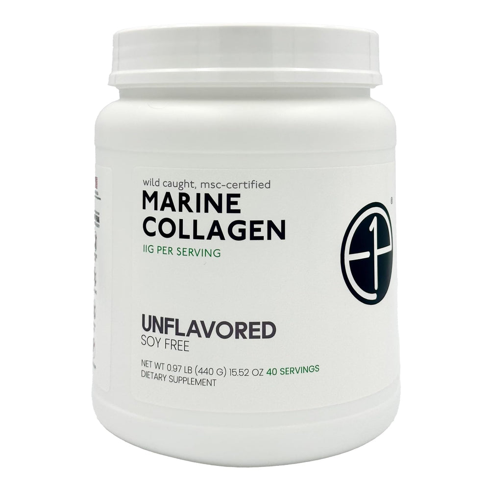 E1P wild-caught marine collagen powder tub front view demonstrates a convenient daily-use option