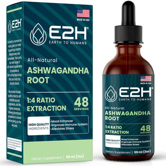 E2H Ashwagandha Liquid Drops bottle highlighting organic vegan ingredients for daily balance.