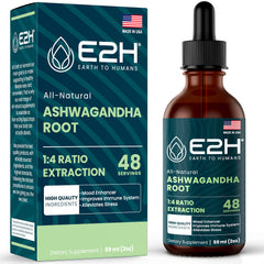 E2H Ashwagandha Liquid Drops bottle highlighting organic vegan ingredients for daily balance.