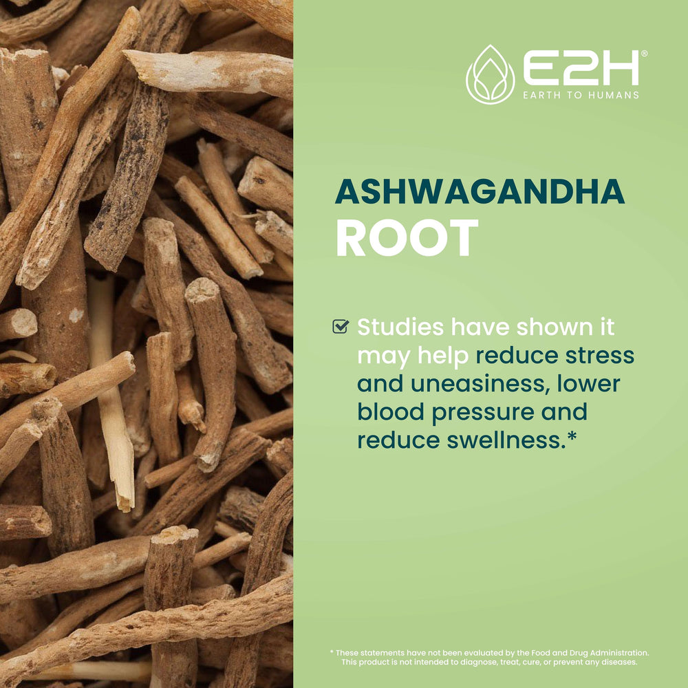 Drops on thumb show easy dosing of E2H Ashwagandha Liquid Drops.